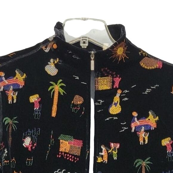 Chicos Design Womens Medium Rayon Silk Embroidered Villager People Zip Jacket - Picture 2 of 4